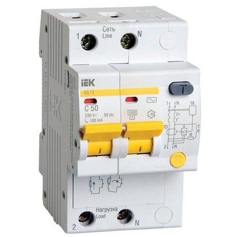 Выключатель автоматический дифференциального тока 2п C 50А 100мА тип AC 4.5кА АД-12 IEK MAD10-2-050-C-100
